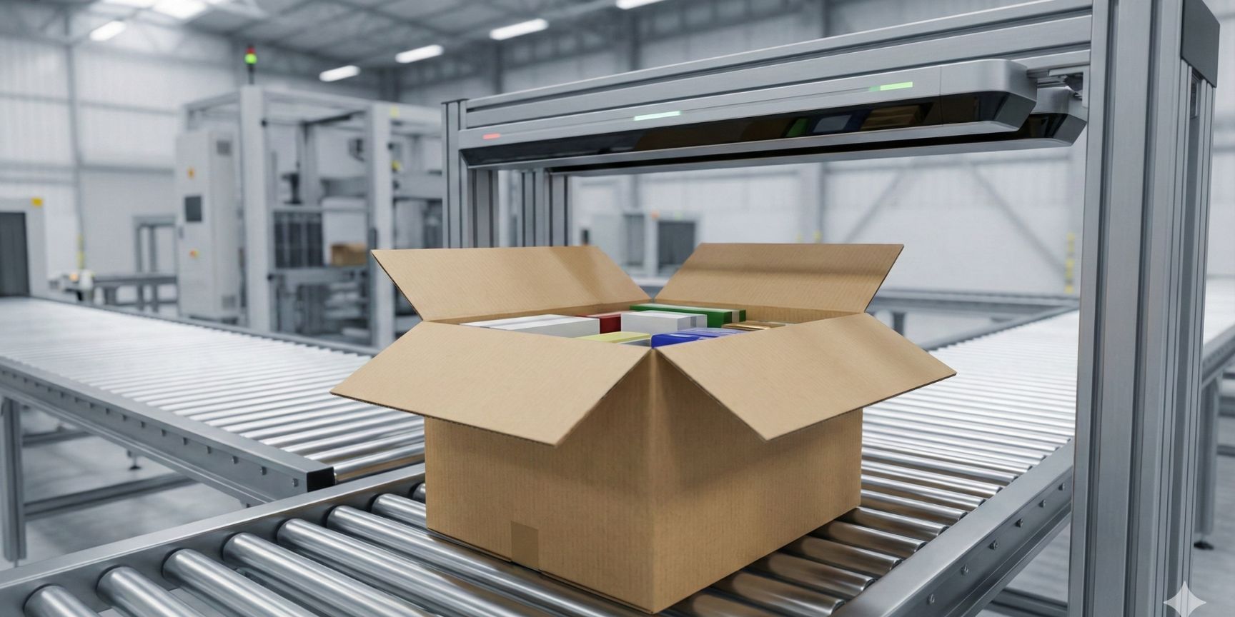 An open shipping carton filled with products moves on an automatic roller conveyor under an industrial sensor, which is used for volume and quality control